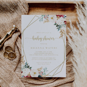 Classic Gold Burgundy White Floral Baby Shower   Invitation