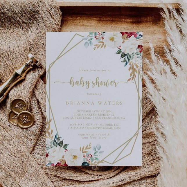 Classic Gold Burgundy White Floral Baby Shower   Invitation (Creator Uploaded)