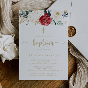 Classic Gold Burgundy White Floral Baptism  Invitation