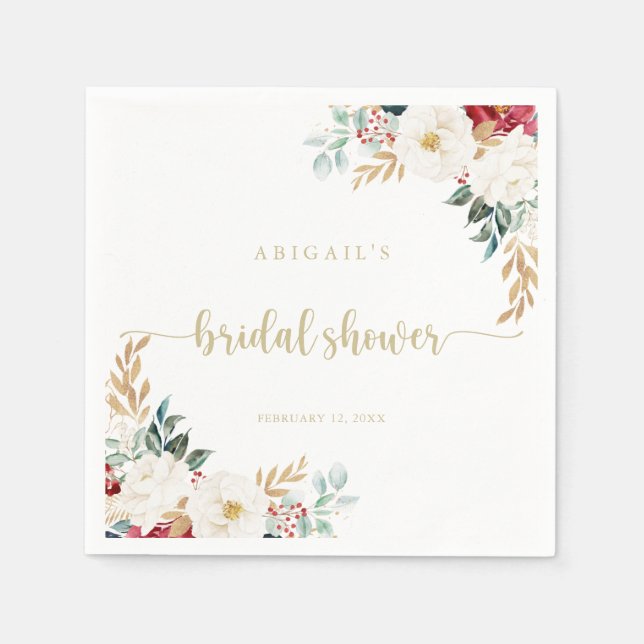 Classic Gold Burgundy White Floral Bridal Shower Napkins (Front)