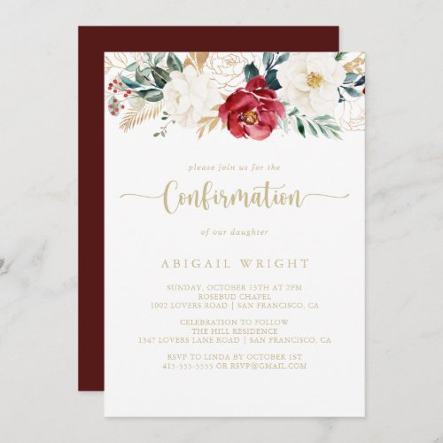 Classic Gold Burgundy White Floral Confirmation   Invitation