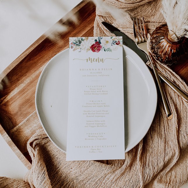 Classic Gold Burgundy White Floral Dinner Menu (Creator Uploaded)