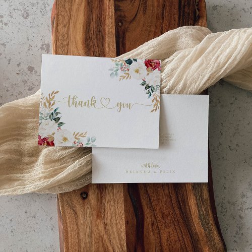 Classic Gold Burgundy White Floral Flat Wedding  Thank You Card