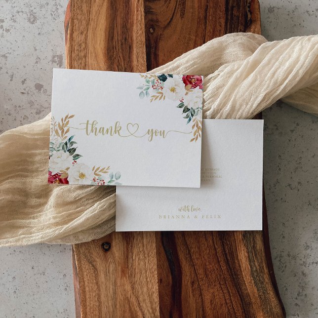 Classic Gold Burgundy White Floral Flat Wedding  Thank You Card (Creator Uploaded)