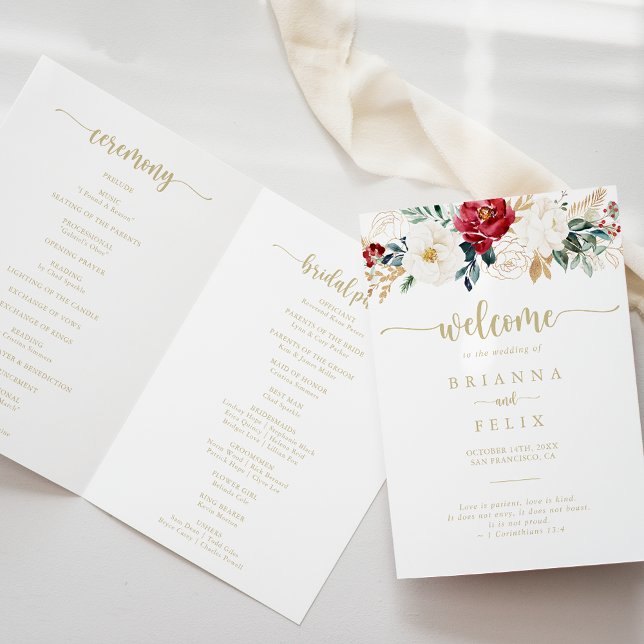 Classic Gold Burgundy White Floral Folded Wedding  Program (Creator Uploaded)