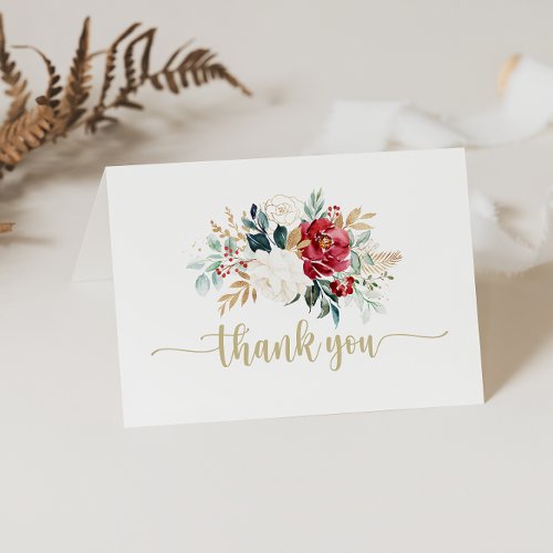 Classic Gold Burgundy White Floral Folded Wedding  Thank You Card