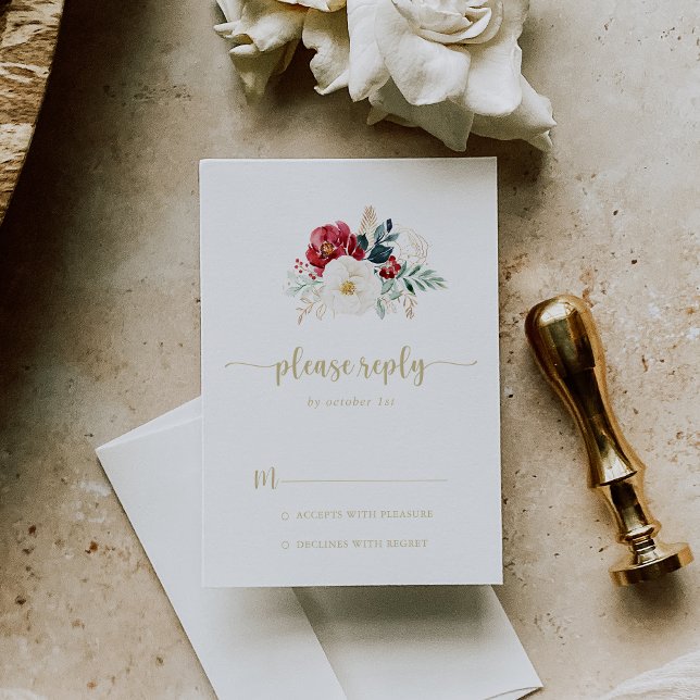 Classic Gold Burgundy White Floral RSVP (Creator Uploaded)