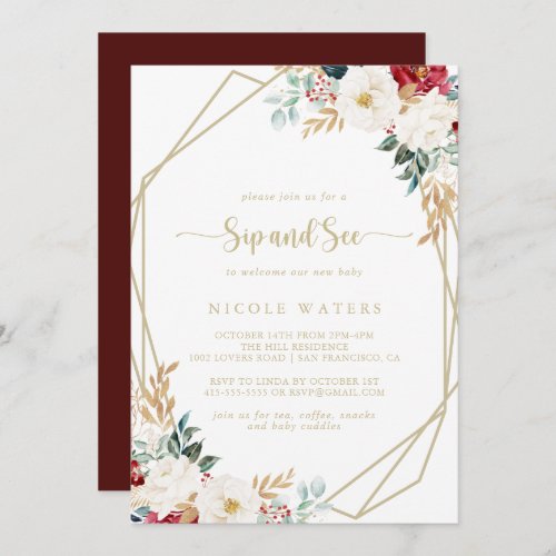 Classic Gold Burgundy White Floral Sip and See  Invitation