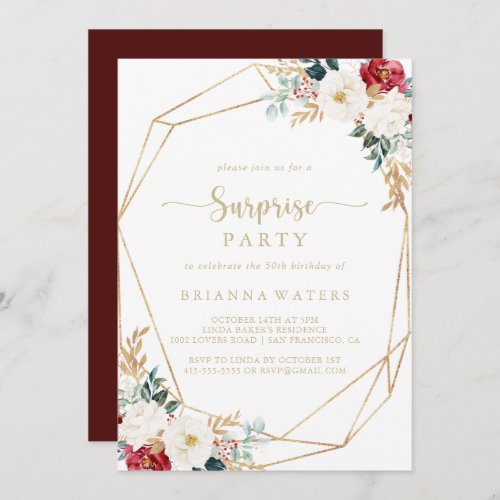 Classic Gold Burgundy White Floral Surprise Party  Invitation