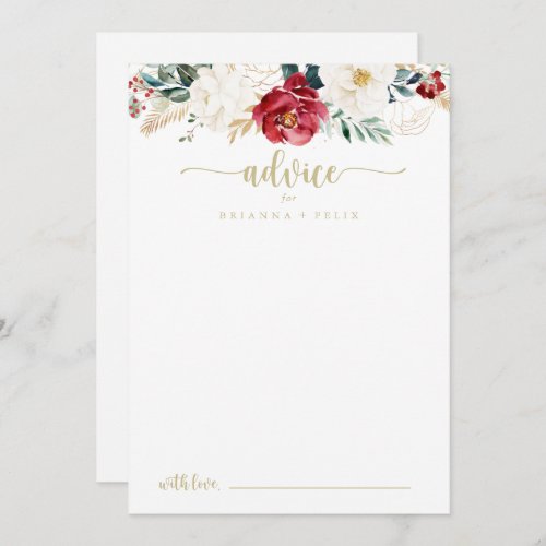 Classic Gold Burgundy White Floral Wedding  Advice Card