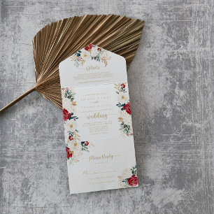 Classic Gold Burgundy White Floral Wedding All In One Invitation