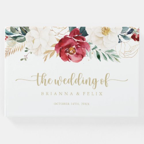 Classic Gold Burgundy White Floral Wedding  Guest Book