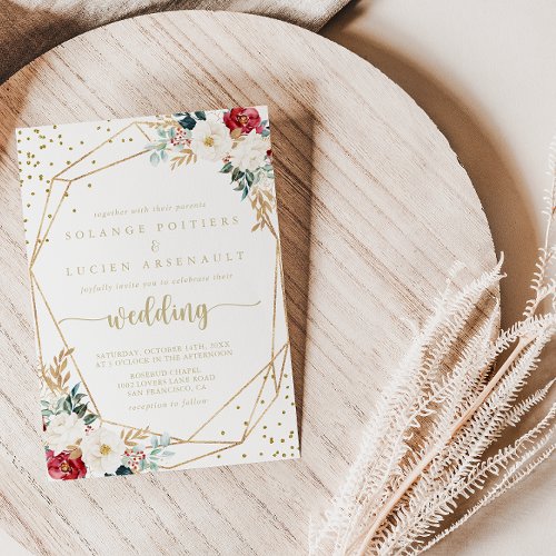 Classic Gold Burgundy White Floral Wedding   Invitation