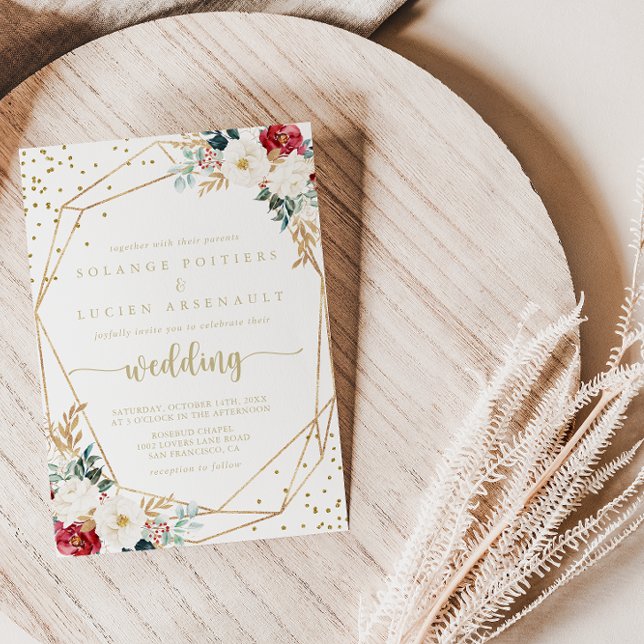 Classic Gold Burgundy White Floral Wedding   Invitation (Creator Uploaded)