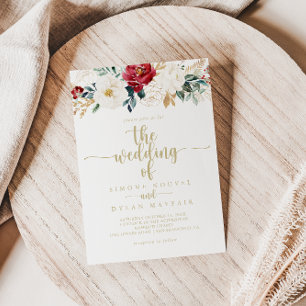 Classic Gold Burgundy White Floral Wedding of Invitation