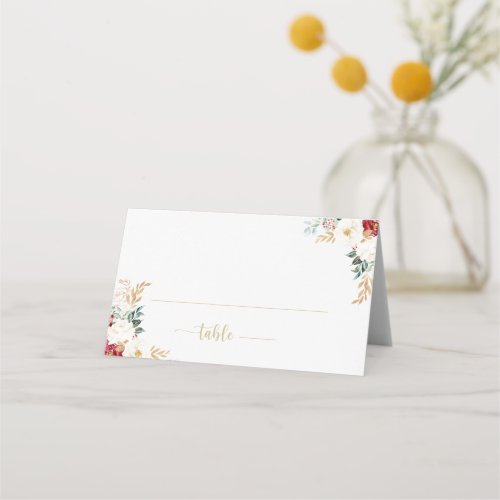 Classic Gold Burgundy White Floral Wedding  Place Card