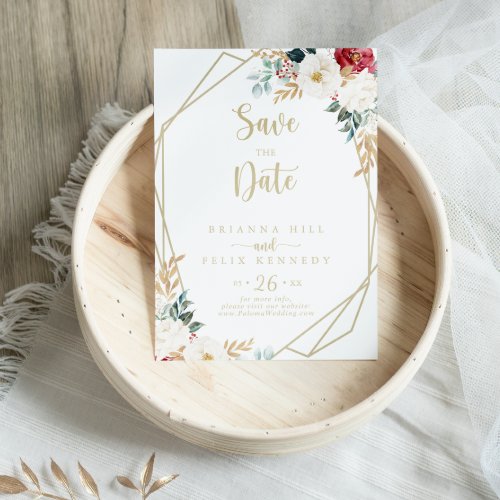 Classic Gold Burgundy White Floral Wedding   Save The Date