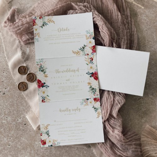 Classic Gold Burgundy White Floral Wedding Tri_Fold Invitation