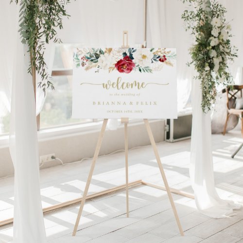 Classic Gold Burgundy White Floral Wedding Welcome Poster