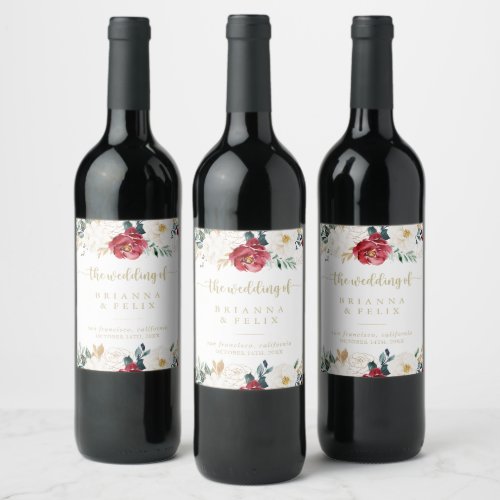 Classic Gold Burgundy White Floral Wedding Wine Label