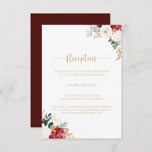 Classic Gold Burgundy White Wedding Reception   Enclosure Card