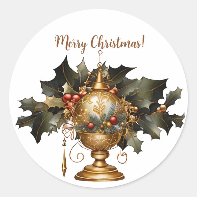Classic Gold Christmas Ornament Round Sticker (Front)