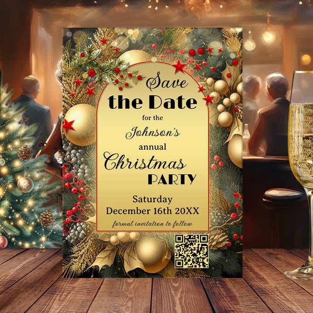 Classic Gold Christmas Save the Date Card (Christmas Save the Date featuring a festive design with pine twigs and colorful red stars on gold)