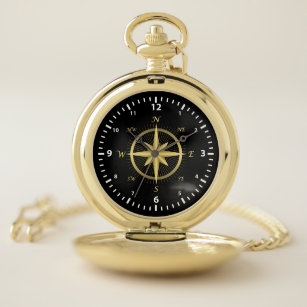 Classic Gold Compass / White Number Face on Black Pocket Watch