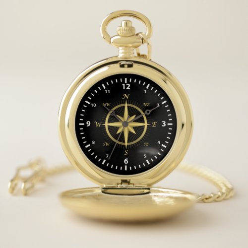 Classic Gold Compass  White Number Face on Black Pocket Watch