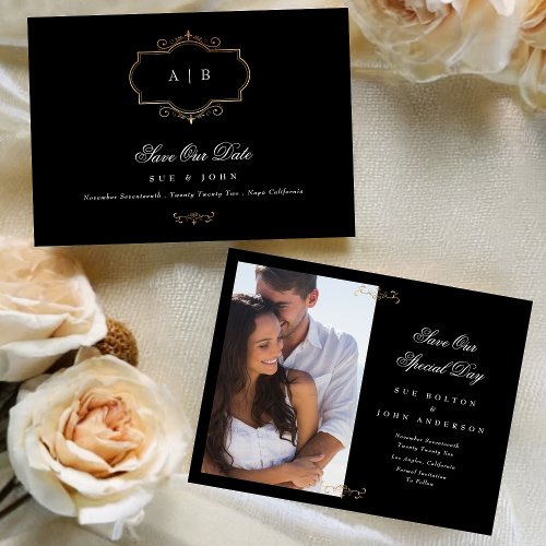 classic gold crest black white photo save the date announcement