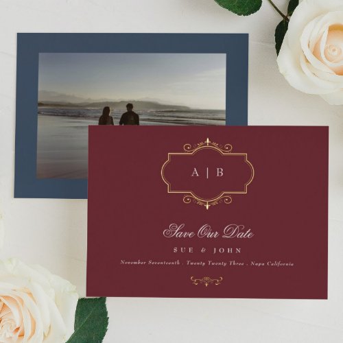 classic gold crest burgundy navy save the date foil invitation