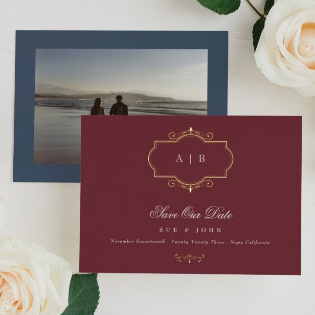 classic gold crest burgundy navy save the date foil invitation (Creator Uploaded)