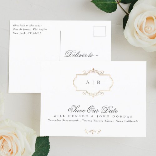 classic gold crest monogram Foil Save The Date Announcement Postcard