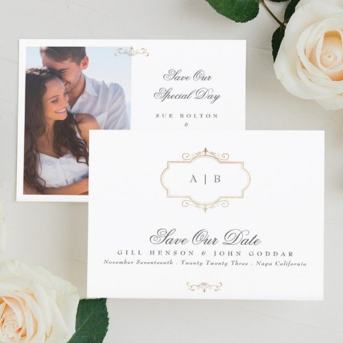 classic gold crest monogram photo save the date announcement