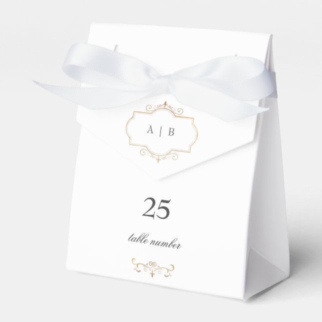classic gold crest monogram wedding table number favor boxes (Front Side)