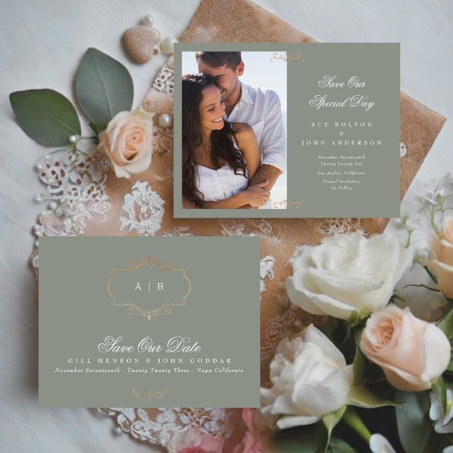 classic gold crest sage green photo save the date announcement (Creator Uploaded)
