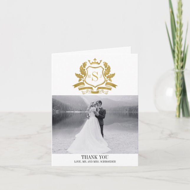 Classic Gold Crest Wedding Thank You Photo Card (Front)