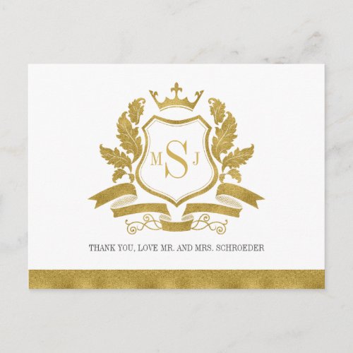 Classic Gold Crest Wedding Thank You Postcard