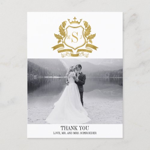 Classic Gold Crest Wedding Thank You Postcard