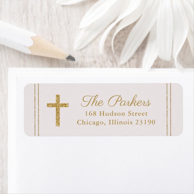 Classic gold  cross baptism return address label (Insitu)