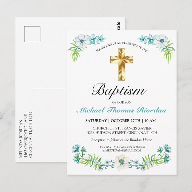 Classic Gold Cross Boy's Blue Baptism Invitation  Postcard (Front/Back)