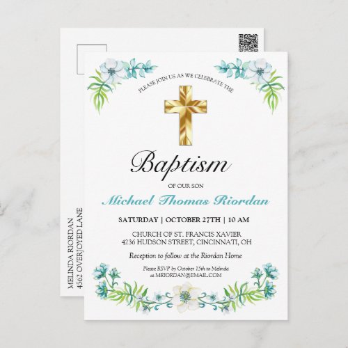 Classic Gold Cross Boys Blue Baptism Invitation  Postcard
