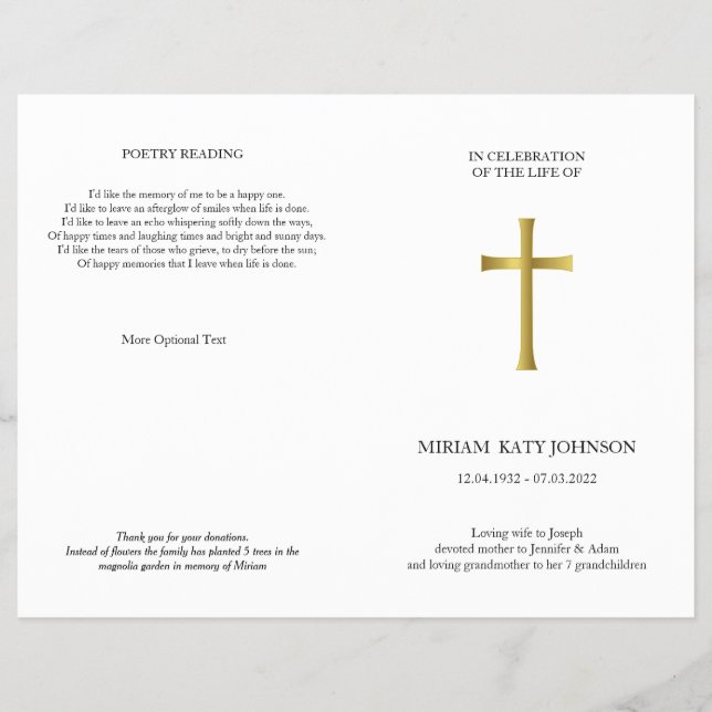 Classic Gold Cross, elegant foldable memorial Flyer (Front)