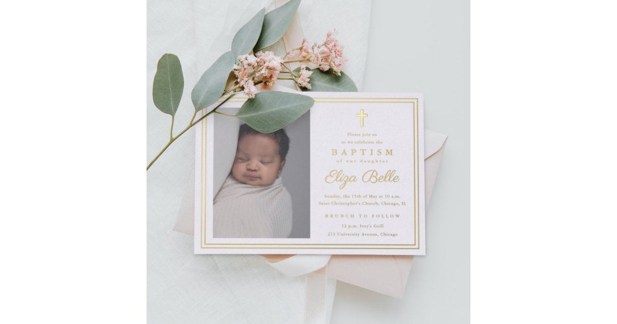 Classic Gold Cross Religious Baptism & Christening Foil Invitation
