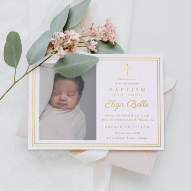 Classic Gold Cross Religious Baptism & Christening Foil Invitation (Creator Uploaded)