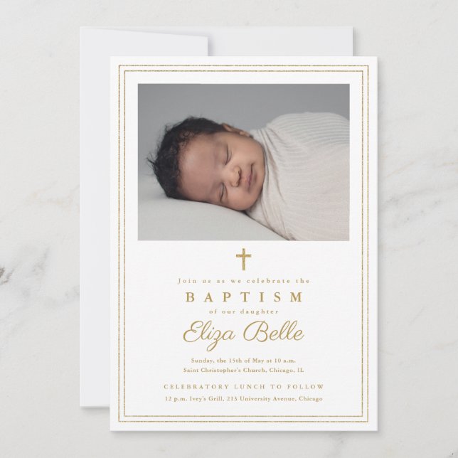 Classic Gold Cross Religious Baptism & Christening Invitation (Front)