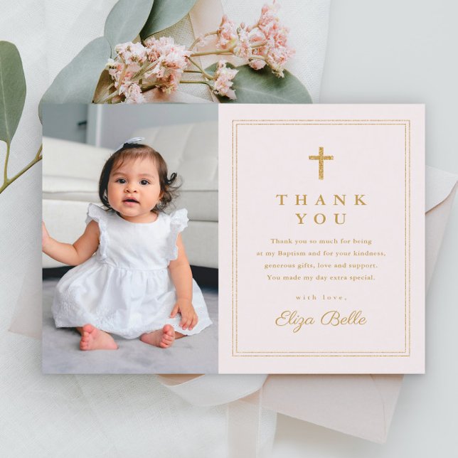 Classic Gold Cross Religious Photo Baptism Thank You Card (Simple girls photo baptism thank you card with gold cross.)