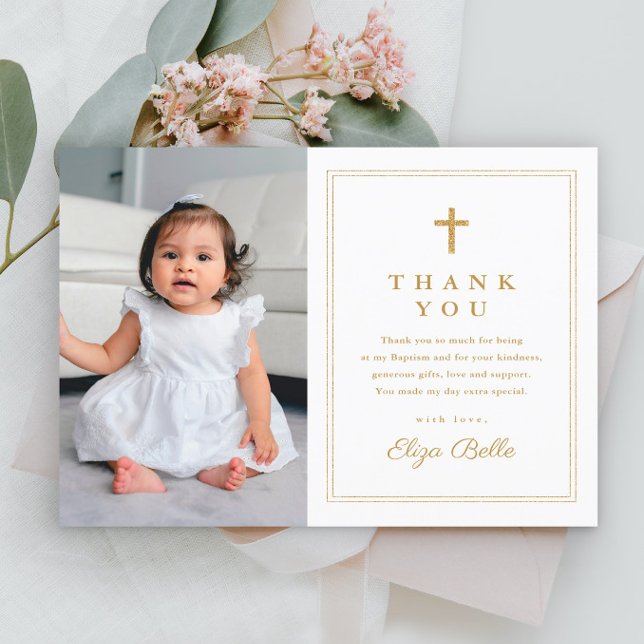 Classic Gold Cross Religious Photo Baptism Thank You Card (Simple photo baptism thank you card with gold cross.)