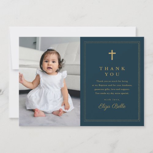 Classic Gold Cross Religious Photo Baptism Thank You Card