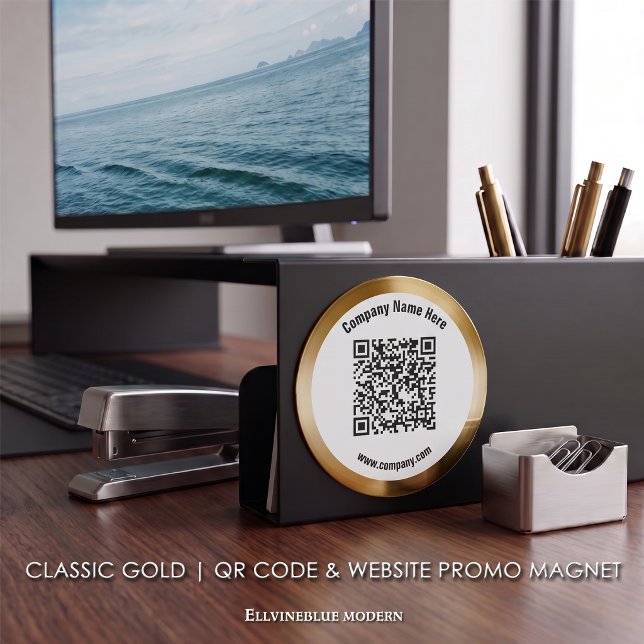 Classic Gold Custom QR Code & Website Promo  Magnet (Classic Gold Magnet | A polished layout created to showcase your QR Code, Name, & Website.)